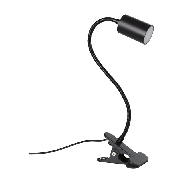 Lardaro Clamp Lamp in black with a flexible gooseneck arm, cylindrical head and sprung clip base, plastic finish, shown on a plain white background.