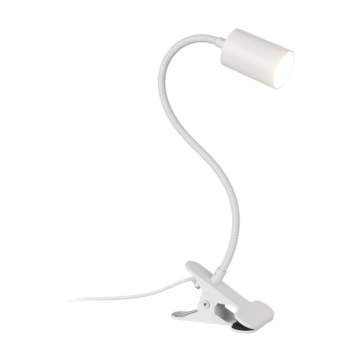 Lardaro Clamp Lamp in white, featuring a spring clip base, flexible gooseneck arm, and cylindrical spotlight head, shown against a plain white background.