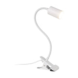 Lardaro Clamp Lamp in white, featuring a spring clip base, flexible gooseneck arm, and cylindrical spotlight head, shown against a plain white background.
