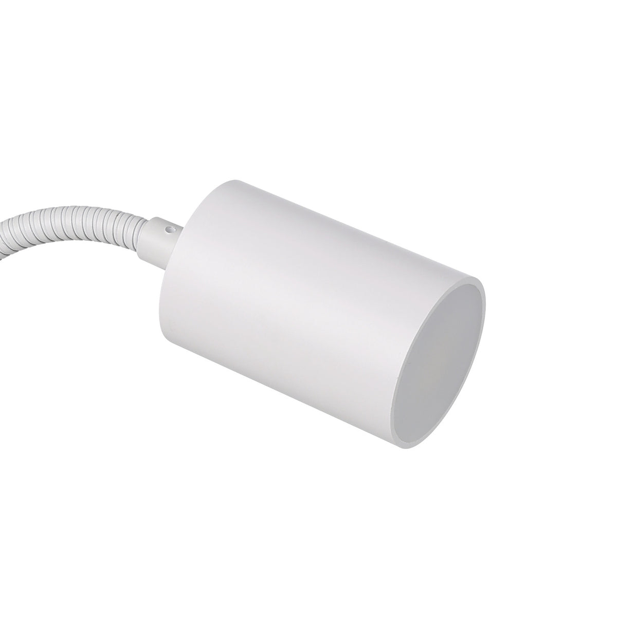 Lardaro Clamp Lamp in white, showing the cylindrical spotlight head and flexible gooseneck arm in plastic, set against a plain white background.