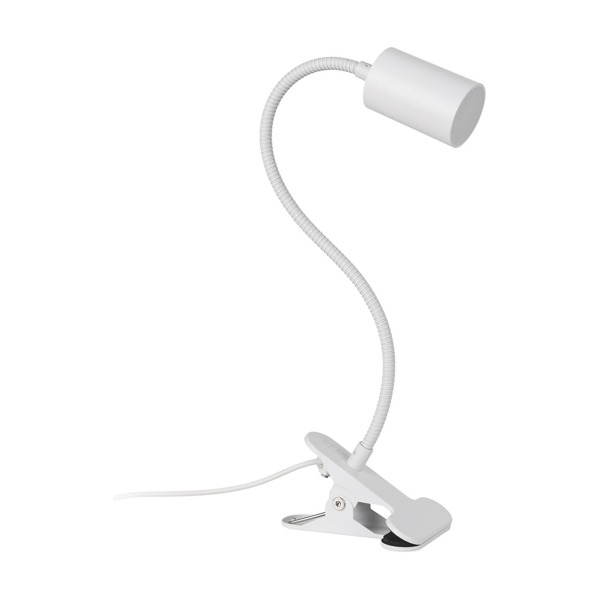 Lardaro Clamp Lamp in white plastic, with a cylindrical spotlight head on a flexible gooseneck arm and a spring clip base, shown on a plain white background.