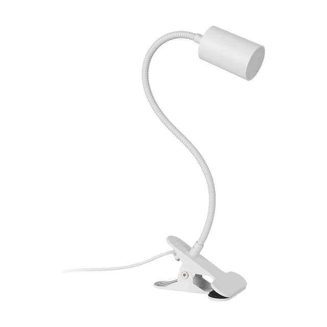 Lardaro Clamp Lamp in white plastic, with a cylindrical spotlight head on a flexible gooseneck arm and a spring clip base, shown on a plain white background.