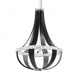 The Tessaro LED K9 Crystal & Leather Large Chandelier in black features curved metal arms, two circular bands with clear crystals, and a central rod—creating a stunning statement piece for any space.