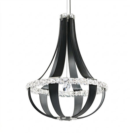 The Tessaro LED K9 Crystal & Leather Large Chandelier in black features curved metal arms, two circular bands with clear crystals, and a central rod—creating a stunning statement piece for any space.