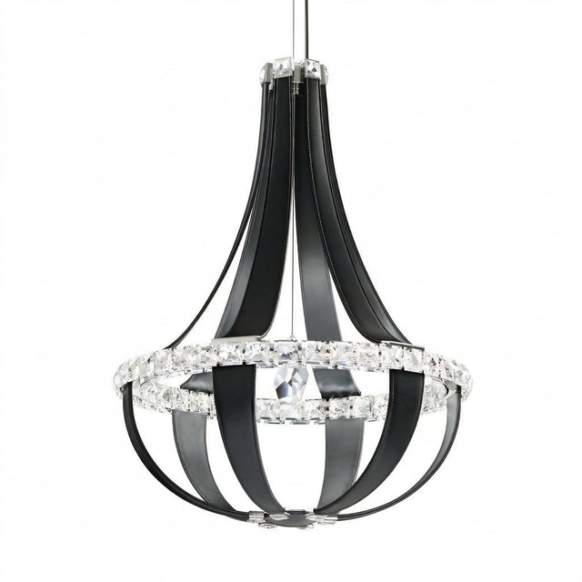 The Tessaro LED K9 Crystal & Leather Large Chandelier in black features curved metal arms, two circular bands with clear crystals, and a central rod—creating a stunning statement piece for any space.