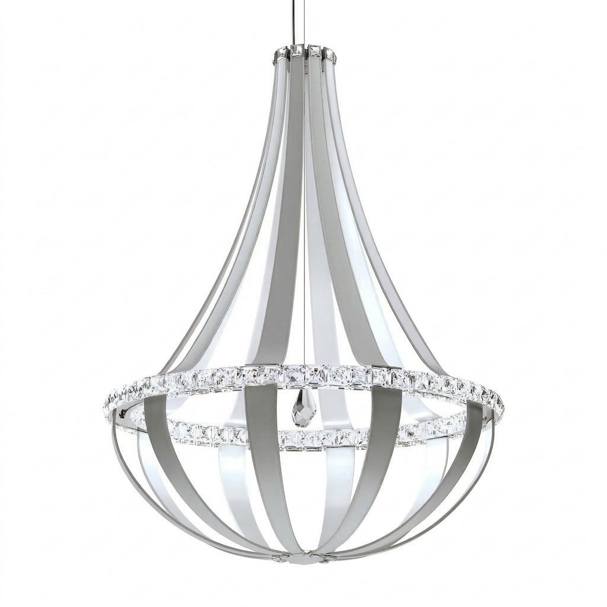 The Tessaro LED K9 Crystal & Leather Large Chandelier in Grey features a modern teardrop design with curved silver metal arms, sparkling K9 crystal accents, and a central LED bulb, all suspended elegantly by a slim rod.