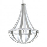 The Tessaro LED K9 Crystal & Leather Large Chandelier in Grey features a modern teardrop design with curved silver metal arms, sparkling K9 crystal accents, and a central LED bulb, all suspended elegantly by a slim rod.