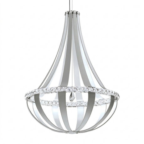 The Tessaro LED K9 Crystal & Leather Large Chandelier in Grey features a modern teardrop design with curved silver metal arms, sparkling K9 crystal accents, and a central LED bulb, all suspended elegantly by a slim rod.