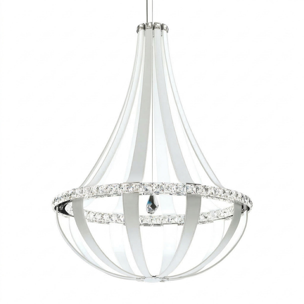 The Tessaro LED K9 Crystal & Leather Large Chandelier in White features a modern teardrop design with sleek silver metal bands, clear crystal accents, and a visible central light for an elegant, luxurious look.