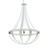 The Tessaro LED K9 Crystal & Leather Large Chandelier in White features a modern teardrop design with sleek silver metal bands, clear crystal accents, and a visible central light for an elegant, luxurious look.