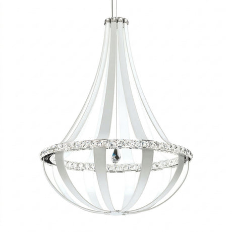 The Tessaro LED K9 Crystal & Leather Large Chandelier in White features a modern teardrop design with sleek silver metal bands, clear crystal accents, and a visible central light for an elegant, luxurious look.