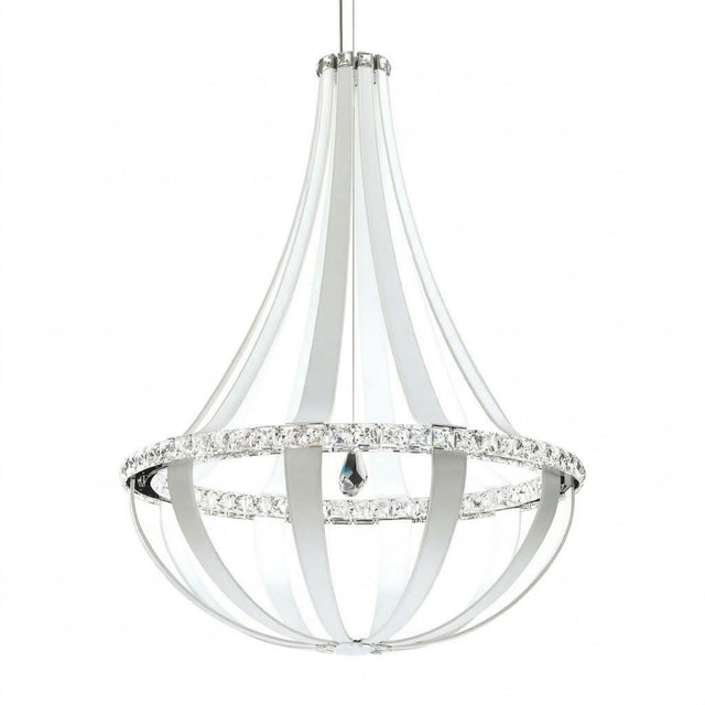 The Tessaro LED K9 Crystal & Leather Large Chandelier in White features a modern teardrop design with sleek silver metal bands, clear crystal accents, and a visible central light for an elegant, luxurious look.