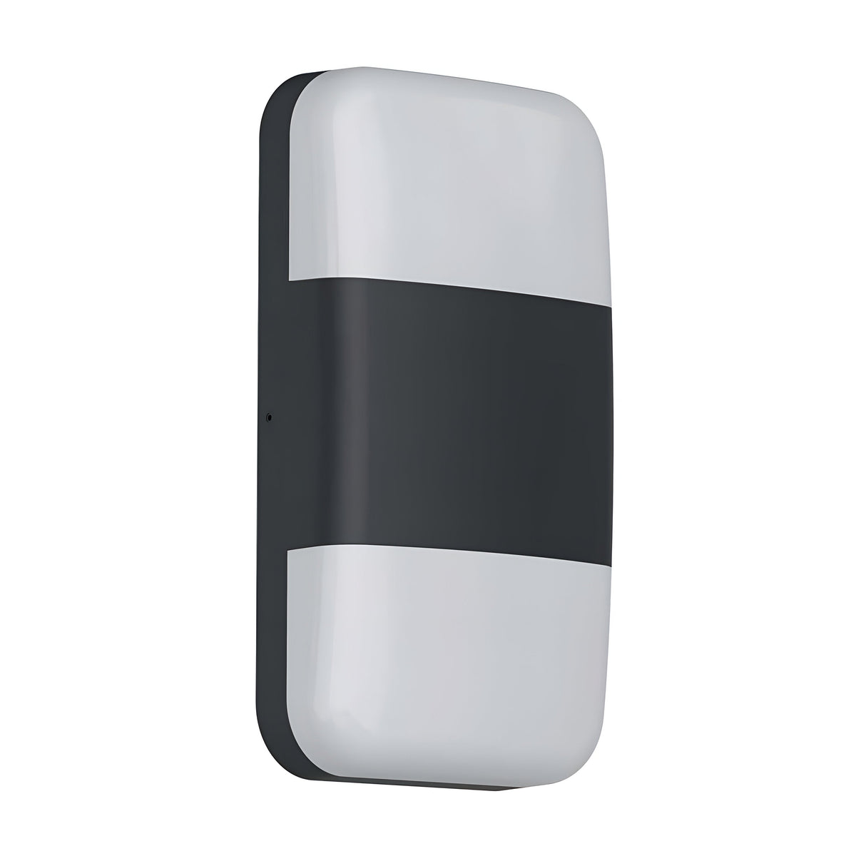 The Lars LED Outdoor Wall Light - Black is a rectangular wall-mounted LED light with rounded edges, featuring a black center stripe that divides two white sections. With an IP65 rating, this light is designed for both indoor and outdoor applications, offering a modern and sleek aesthetic for versatile lighting solutions.