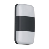 The Lars LED Outdoor Wall Light - Black is a rectangular wall-mounted LED light with rounded edges, featuring a black center stripe that divides two white sections. With an IP65 rating, this light is designed for both indoor and outdoor applications, offering a modern and sleek aesthetic for versatile lighting solutions.