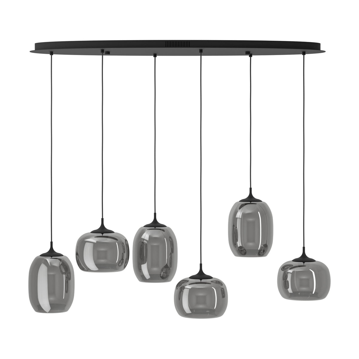 Larva linear pendant light with six smoked glass shades in barrel and globe shapes, staggered heights on black steel cords from an oval ceiling plate, shown on a white background.