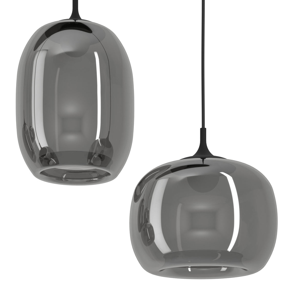 Larva Smoked Glass Linear Pendant Light in black, showing two smoked glass shades—a tall barrel and a fuller globe—on black steel cords against a white background.
