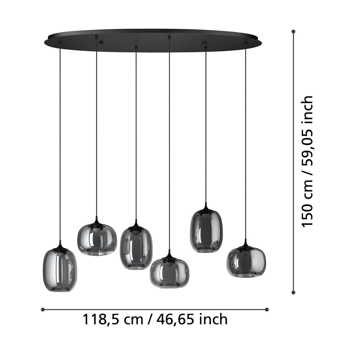 Larva linear pendant light with six staggered smoked glass barrel and globe shades on black cords, mounted to an oval black steel ceiling plate, with dimension labels shown.
