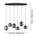 Larva linear pendant light with six staggered smoked glass barrel and globe shades on black cords, mounted to an oval black steel ceiling plate, with dimension labels shown.