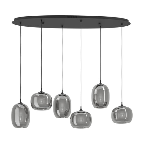 Larva Smoked Glass Linear Pendant Light in black steel, featuring six staggered smoked-glass shades in barrel and globe shapes on a long oval ceiling plate, shown on a white background.