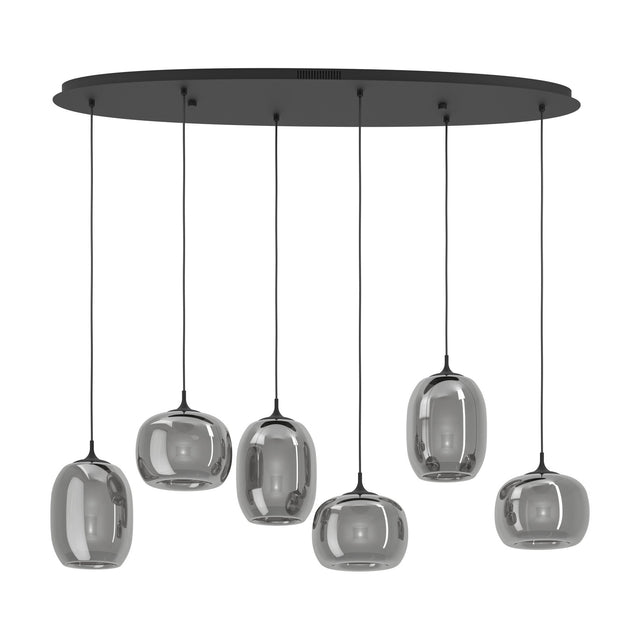 Larva Smoked Glass Linear Pendant Light in black steel, featuring six staggered smoked-glass shades in barrel and globe shapes on a long oval ceiling plate, shown on a white background.