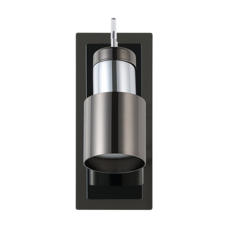 Lasmessa wall spotlight with cylindrical black nickel shade, chrome-accented neck and arm, mounted on a rectangular steel backplate, GU10 fitting, shown on a plain white background.