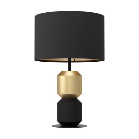 Laurignano Table Lamp in Black & Gold with a black fabric drum shade, gold-lined interior, faceted black and gold steel body, and round black base, shown on a white background.