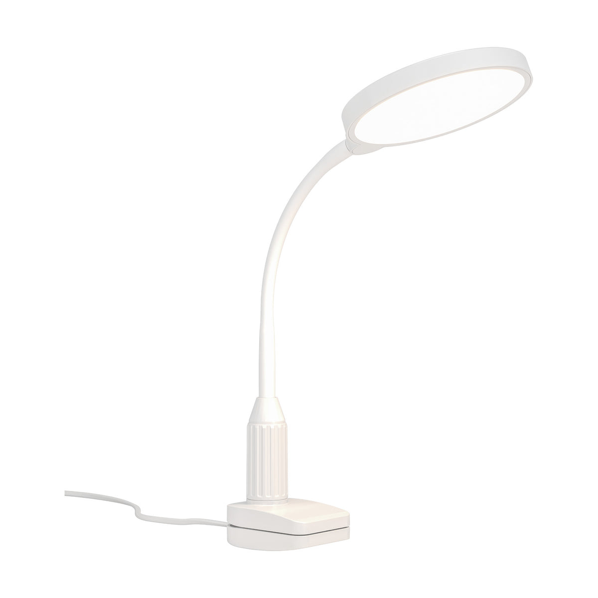 Lauro Clamp Lamp in white plastic, showing a round LED head on a flexible gooseneck arm, ribbed column and desk-edge clamp base with cable, on a plain white background.