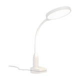 Lauro Clamp Lamp in white plastic, showing a round LED head on a flexible gooseneck arm, ribbed column and desk-edge clamp base with cable, on a plain white background.