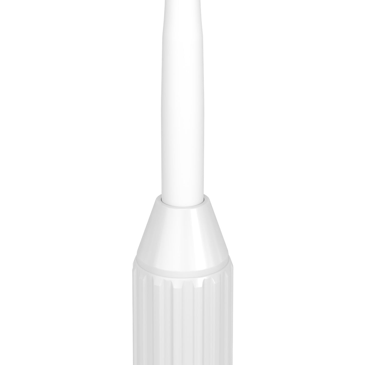 Close-up of the Lauro Clamp Lamp in white, showing the slim pole and ribbed clamp base with LED head in white plastic, on a plain background.