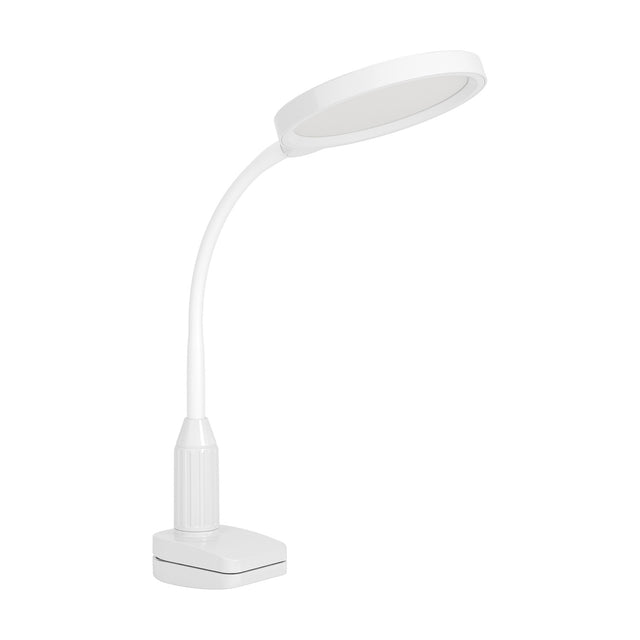 Lauro Clamp Lamp in white plastic, featuring a round LED head on a flexible gooseneck, ribbed column, and compact clamp base, shown on a plain white background.