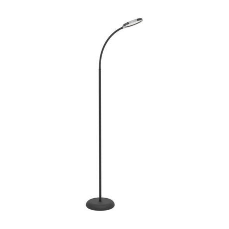 Lauro LED Floor Lamp in black, featuring a round, flat head on a flexible gooseneck arm, slim stem, and round base, shown on a plain white background.