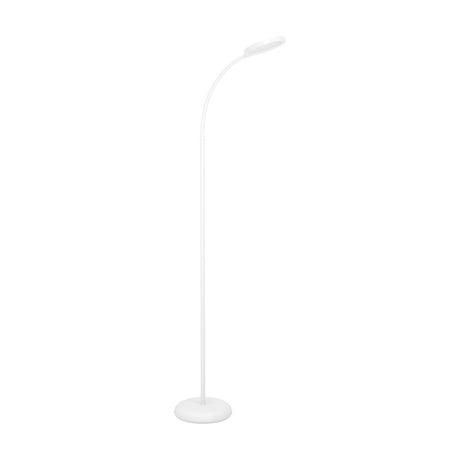 Lauro LED Floor Lamp in white with a round base, tall straight stem and flexible gooseneck arm topped by a round LED head, shown on a plain white background.