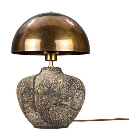 Lawson Ceramic Mushroom Table Lamp in Black Clay, with a crackled pale-on-dark stoneware-look base and a domed Antique Brass shade, shown on a plain white background.