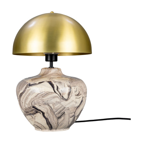 Lawson Ceramic Mushroom Table Lamp with a brass dome shade and a rounded marbled ceramic base in cream, grey and charcoal, shown on a plain white background.