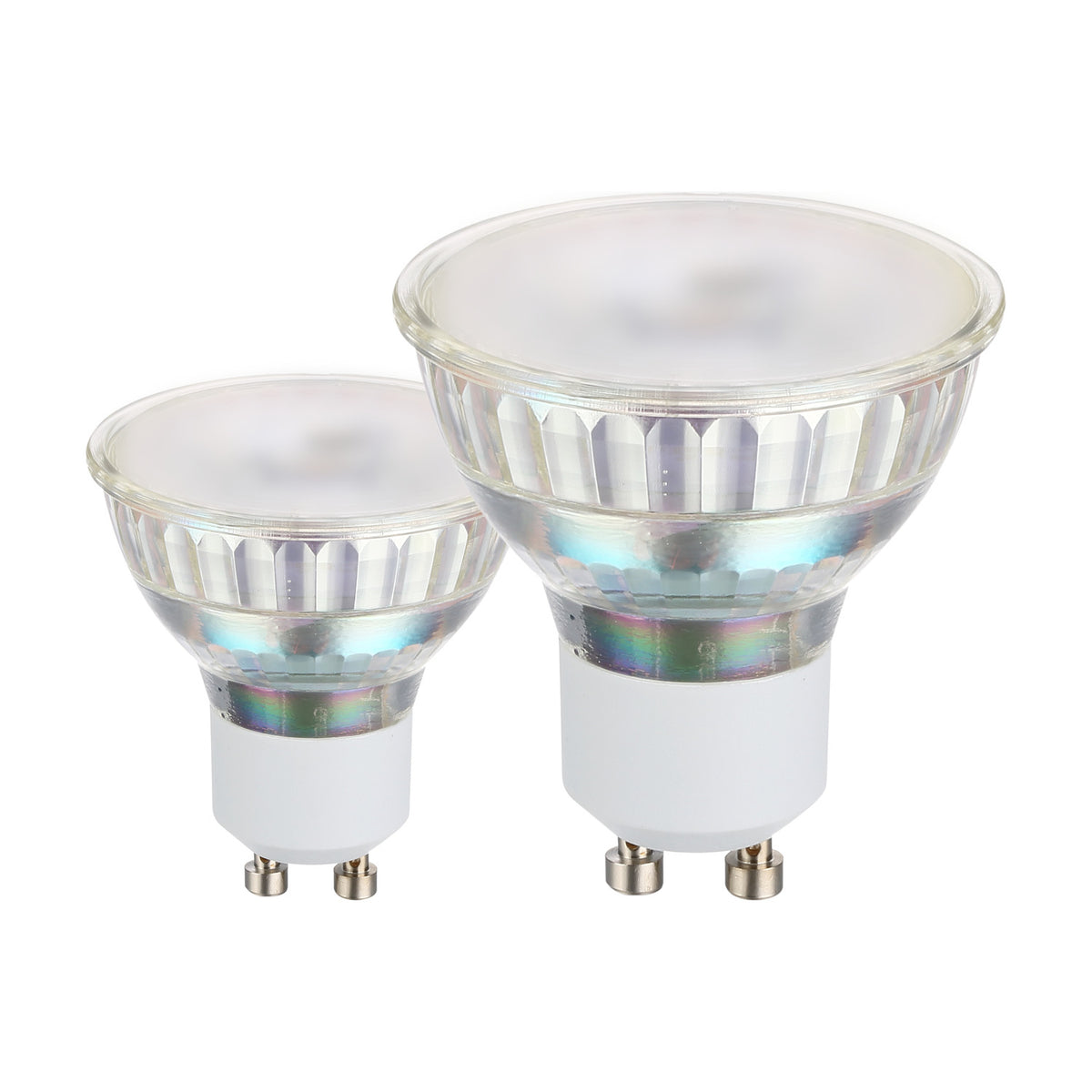 Two GU10 LED spotlight bulbs with satin glass faces, faceted clear glass bodies and white two-pin caps, 1.8W warm white, shown on a plain white background.