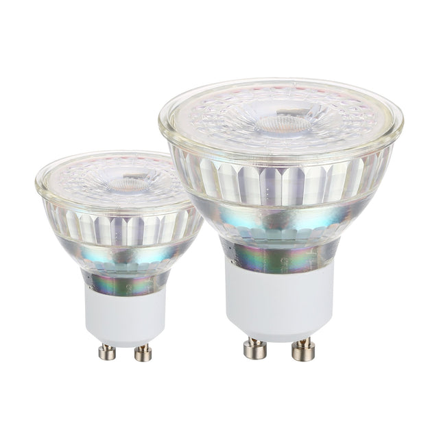 Two GU10 LED spotlight bulbs with faceted clear glass cups, white bases and twin pins, shown in different sizes on a plain white background.