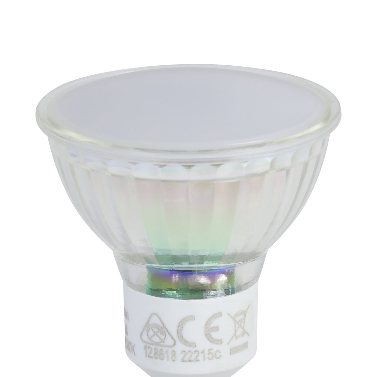 Close-up of a GU10 LED bulb with ribbed glass reflector body and satin front, GU10 twist cap base, 2.9W, 400lm, cool white, shown on a plain white background.