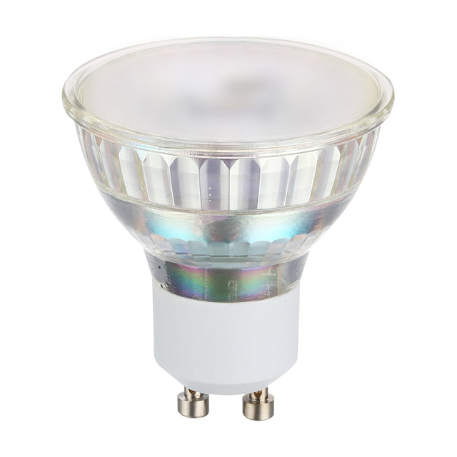 LED Bulb GU10 2.9W 400lm Cool White with faceted glass body, satin front, and twin-pin base, shown on a plain white background.