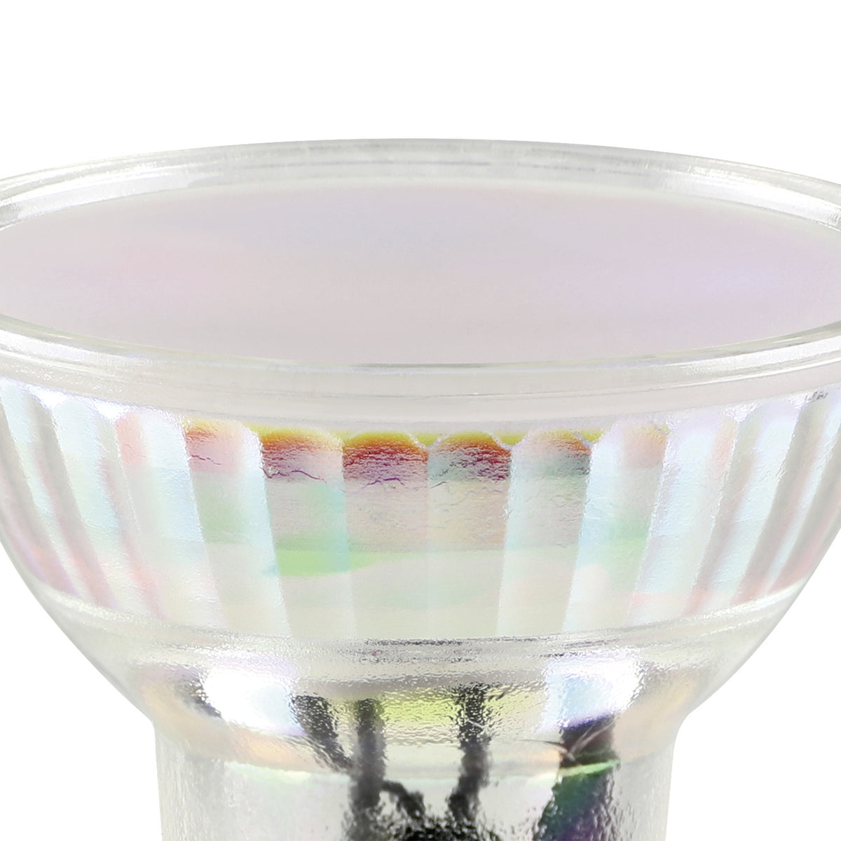 Close-up of a GU10 LED spotlight bulb with clear faceted glass reflector, flat front, and white base with twist-lock cap, on a plain white background.