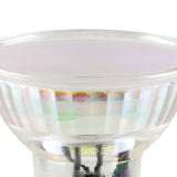 Close-up of a GU10 LED spotlight bulb with clear faceted glass reflector, flat front, and white base with twist-lock cap, on a plain white background.