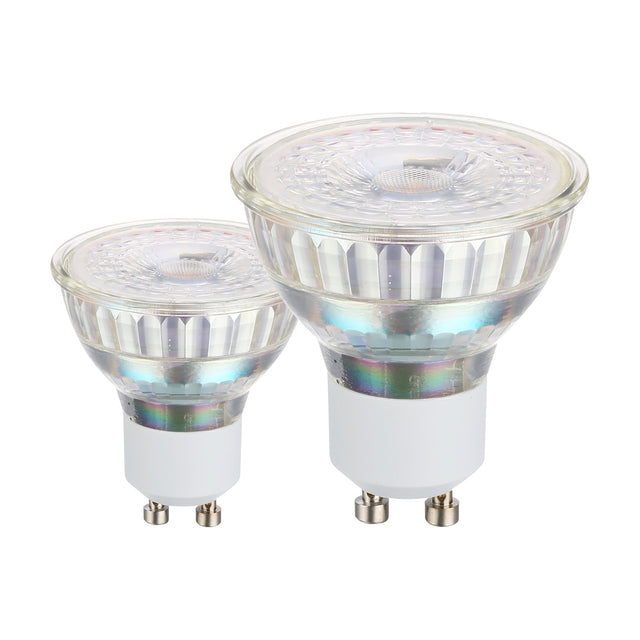 Two GU10 LED spotlight bulbs with clear faceted glass reflectors and white bases on a plain background, 3W cool white, pack of 2.