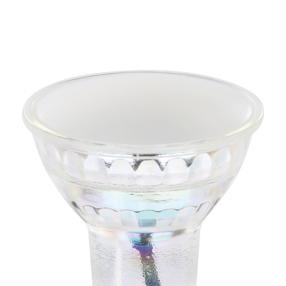 Close-up of a GU10 LED bulb with clear faceted glass body and frosted lens front, GU10 cap base, warm white light, shown on a plain white background.
