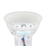 Close-up of a GU10 LED bulb with clear faceted glass body and frosted lens front, GU10 cap base, warm white light, shown on a plain white background.
