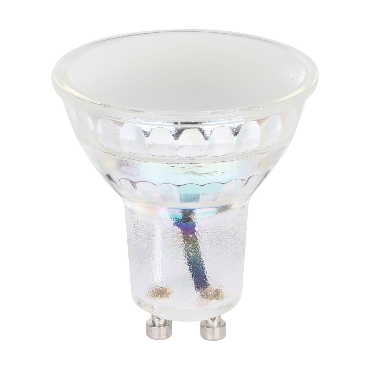 GU10 LED light bulb with frosted glass lens, faceted clear glass body, and twin-pin GU10 base, shown on a plain white background.