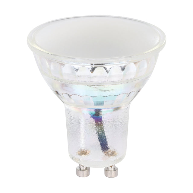GU10 LED light bulb with frosted glass lens, faceted clear glass body, and twin-pin GU10 base, shown on a plain white background.