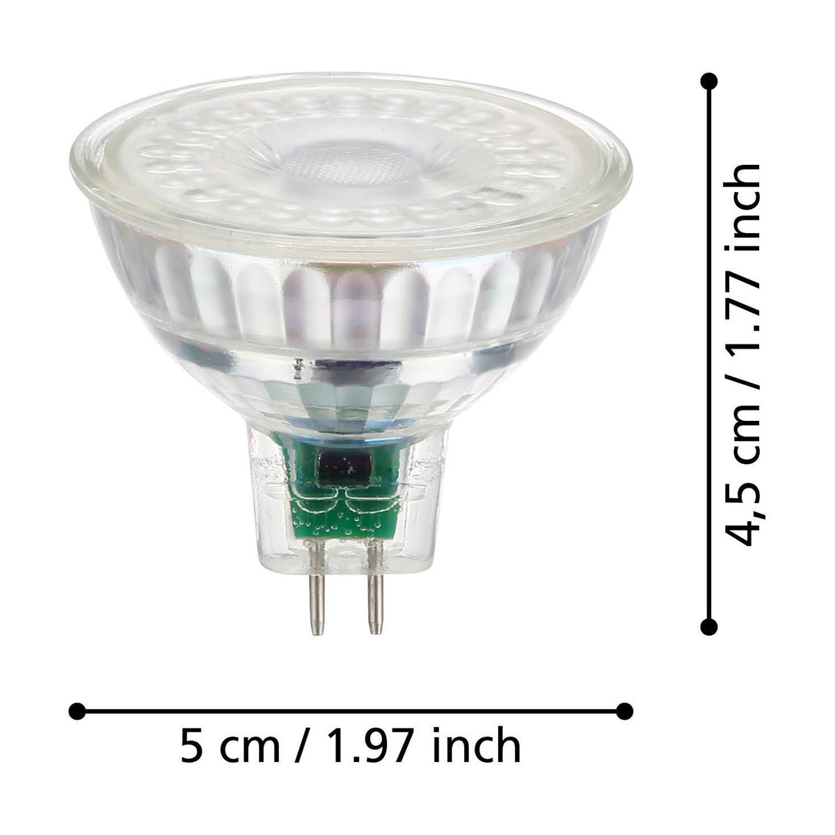 LED bulb GU5.3 MR16 with clear glass body, faceted reflector, and two-pin base, shown with 4.5cm by 5cm size dimensions on a white background.