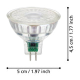 LED bulb GU5.3 MR16 with clear glass body, faceted reflector, and two-pin base, shown with 4.5cm by 5cm size dimensions on a white background.