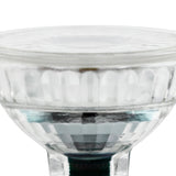 Close-up of a GU5.3 MR16 LED bulb with clear faceted glass reflector body and flat front lens, shown on a white background.