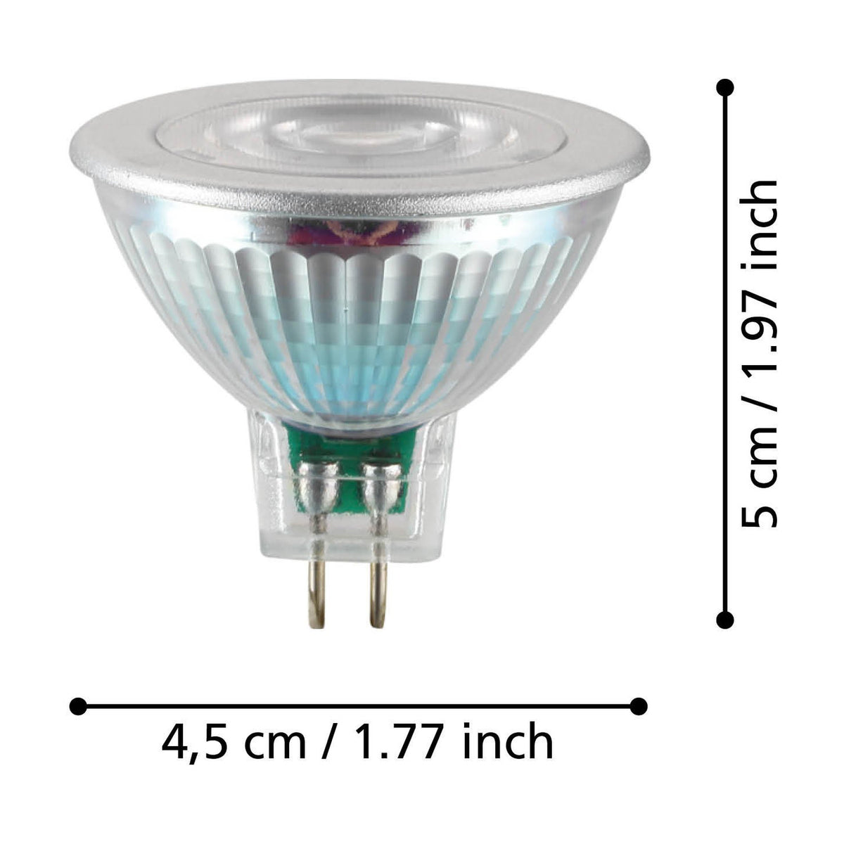LED bulb with GU5.3 two-pin base, clear glass reflector and faceted inner surface, shown with dimensions 5cm face diameter and 4.5cm length on a white background.