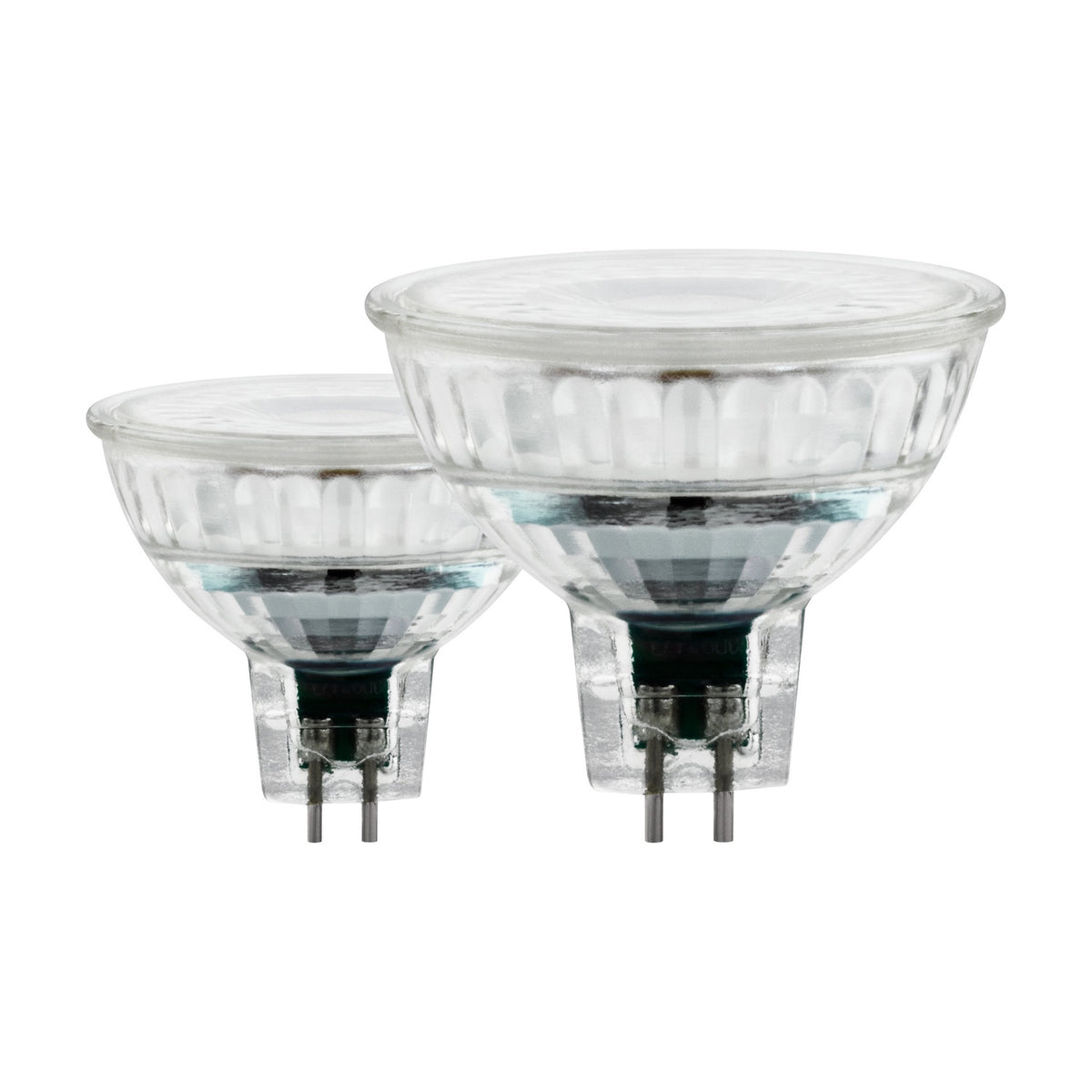 Two GU5.3 MR16 LED bulbs with clear faceted glass reflector bodies and two-pin bases, shown upright in different sizes on a plain white background.